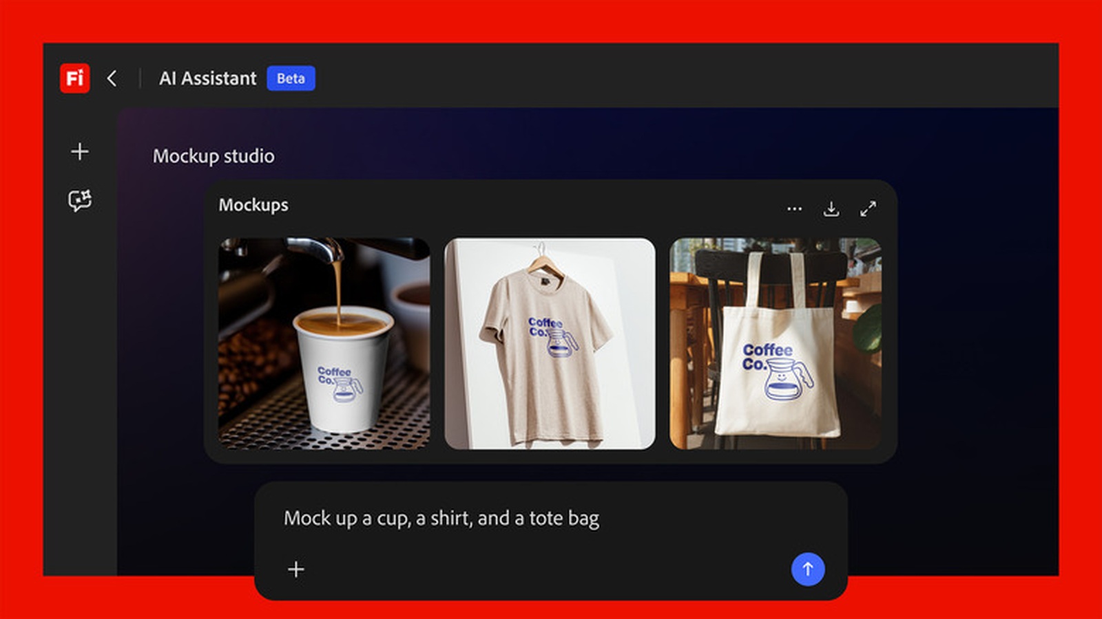 Adobe Firefly AI Assistant mockup workflow with cup shirt and tote bag examples