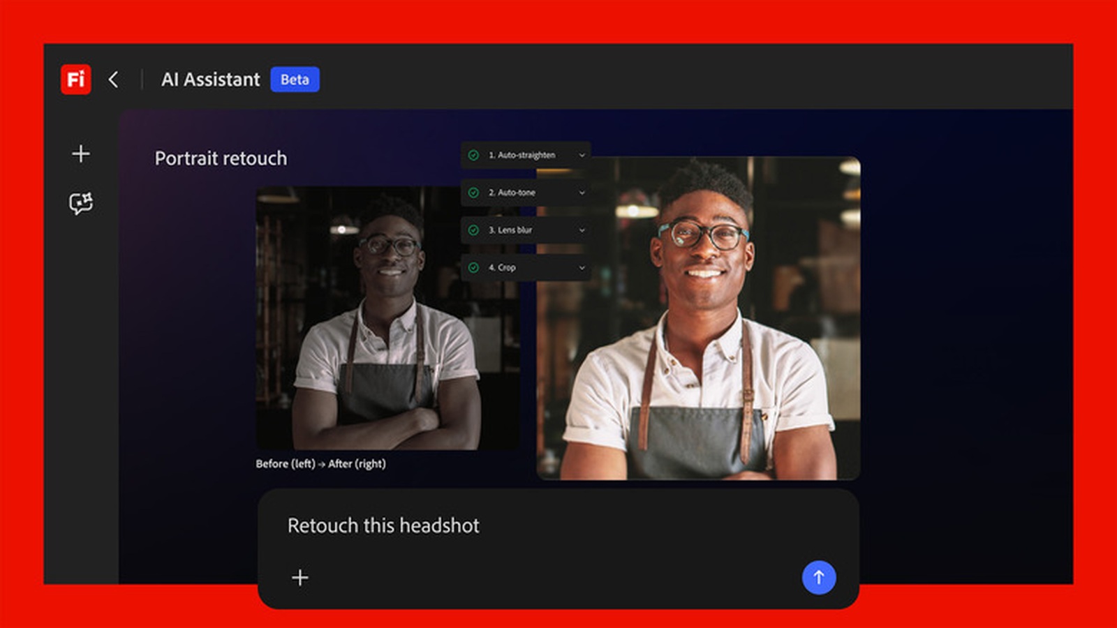 Adobe Firefly AI Assistant portrait retouch workflow showing before and after examples