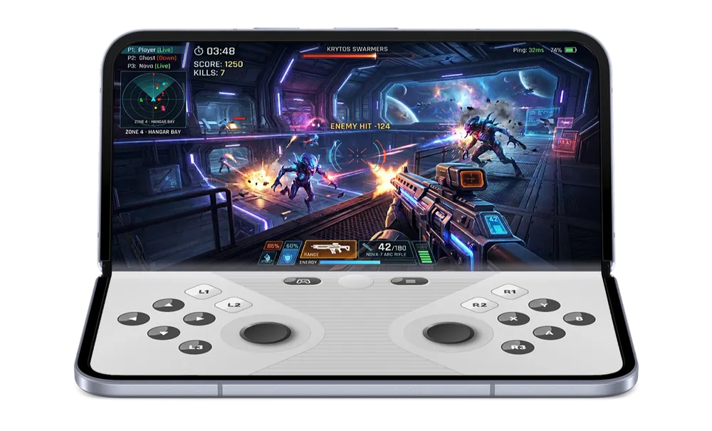 Android 17 foldable gaming mode with game view and virtual gamepad