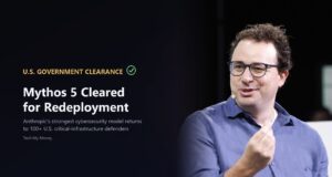 Anthropic CEO Dario Amodei speaking at TechCrunch Disrupt 2023 on a Tech My Money graphic about U.S. government clearance to redeploy the Mythos 5 cybersecurity model