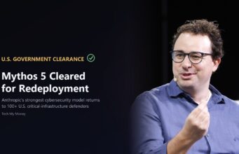 Anthropic CEO Dario Amodei speaking at TechCrunch Disrupt 2023 on a Tech My Money graphic about U.S. government clearance to redeploy the Mythos 5 cybersecurity model