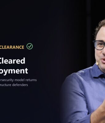Anthropic CEO Dario Amodei speaking at TechCrunch Disrupt 2023 on a Tech My Money graphic about U.S. government clearance to redeploy the Mythos 5 cybersecurity model