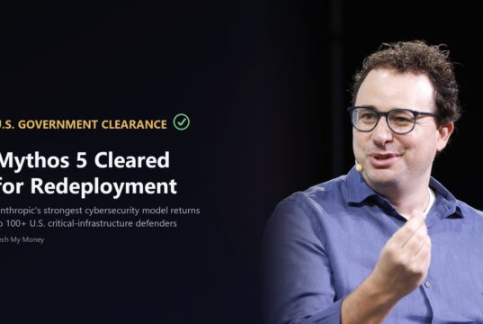 Anthropic CEO Dario Amodei speaking at TechCrunch Disrupt 2023 on a Tech My Money graphic about U.S. government clearance to redeploy the Mythos 5 cybersecurity model