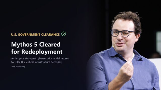 Anthropic CEO Dario Amodei speaking at TechCrunch Disrupt 2023 on a Tech My Money graphic about U.S. government clearance to redeploy the Mythos 5 cybersecurity model