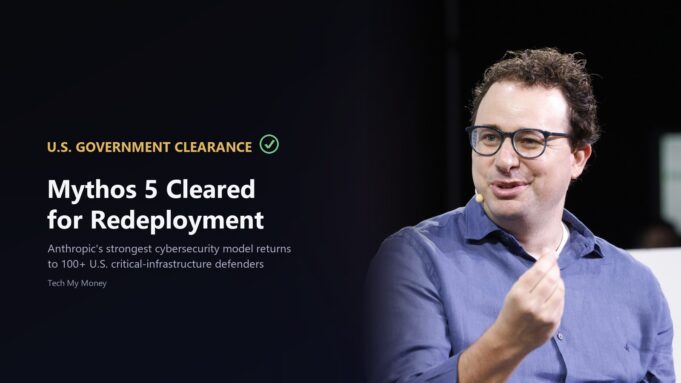 Anthropic CEO Dario Amodei speaking at TechCrunch Disrupt 2023 on a Tech My Money graphic about U.S. government clearance to redeploy the Mythos 5 cybersecurity model