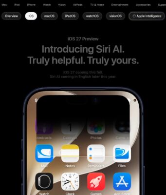 Apple iOS 27 hero page introducing Siri AI alongside a lineup of iPhone, iPad, Mac, Apple Watch, and Apple Vision Pro.