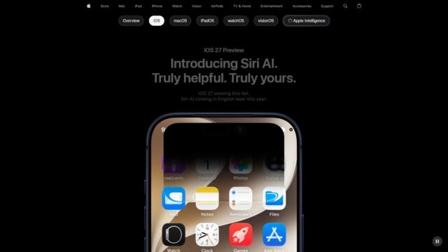 apple-ios27-hero-1600x900 Apple iOS 27 hero page introducing Siri AI alongside a lineup of iPhone, iPad, Mac, Apple Watch, and Apple Vision Pro.