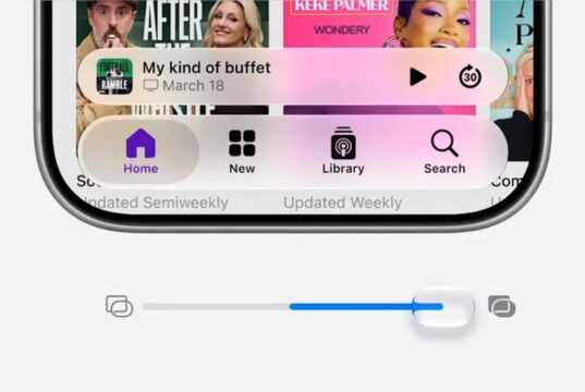 Apple Liquid Glass readability slider shown below a translucent app navigation bar.