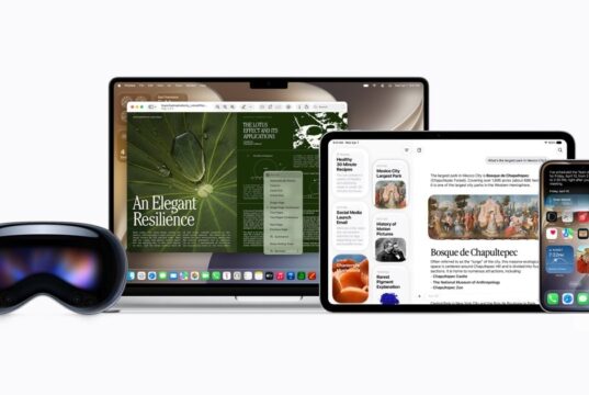 Siri AI shown across Apple Vision Pro, MacBook, iPad, iPhone, and Apple Watch