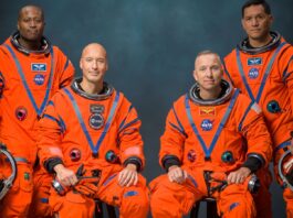 Artemis III crew portrait: Andre Douglas, Luca Parmitano, Randy Bresnik and Frank Rubio in Orion suits