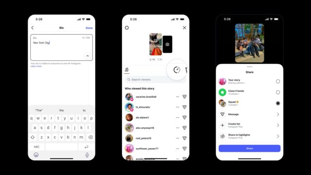 Instagram Plus official feature screens showing bio font, Story viewers and audience sharing controls
