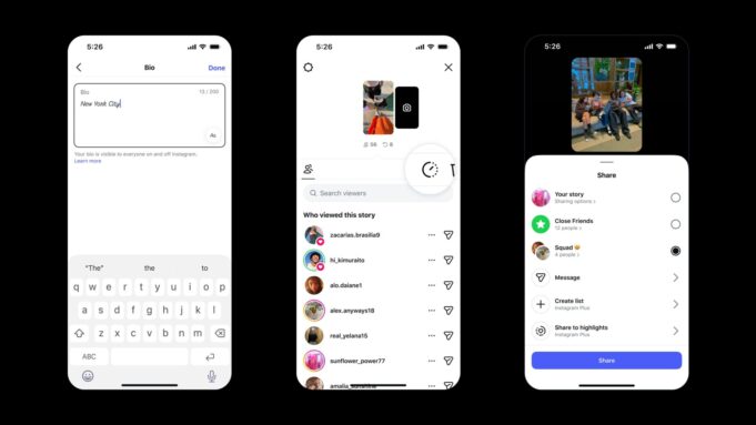 Instagram Plus official feature screens showing bio font, Story viewers and audience sharing controls