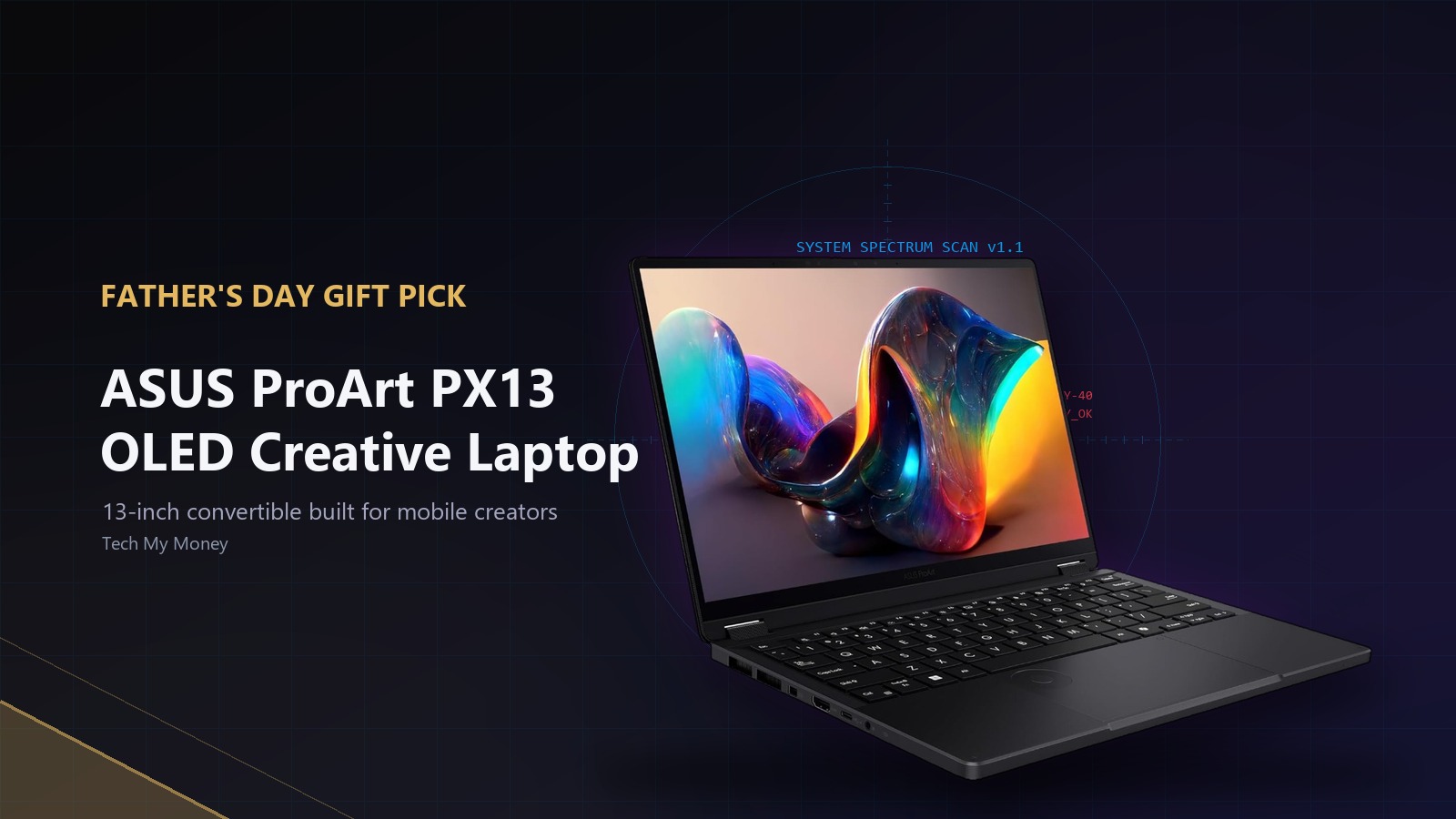 ASUS ProArt PX13 Copilot Plus creative laptop spectrum scan calibration HUD hero graphic