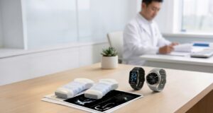 ASUS VivoWatch 6 Plus watches beside ASUS Handheld Ultrasound DuoScan devices in a healthcare setting