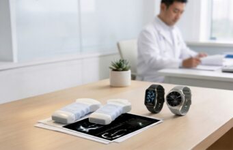 ASUS VivoWatch 6 Plus watches beside ASUS Handheld Ultrasound DuoScan devices in a healthcare setting