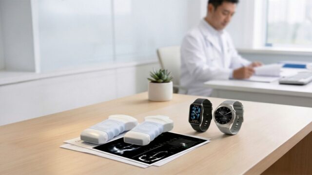 ASUS VivoWatch 6 Plus and DuoScan healthcare ecosystem ASUS VivoWatch 6 Plus watches beside ASUS Handheld Ultrasound DuoScan devices in a healthcare setting