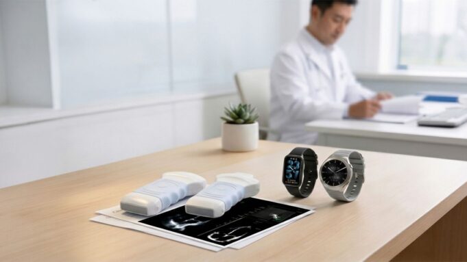 ASUS VivoWatch 6 Plus Brings Health Data Into Its AI Care Push ASUS VivoWatch 6 Plus watches beside ASUS Handheld Ultrasound DuoScan devices in a healthcare setting