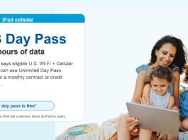 AT&T iPad Day Pass graphic showing a family using an iPad and a $3 24-hour data pass note