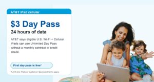 AT&T’s $3 iPad Day Pass Gives Cellular Data Without a Monthly Plan AT&T iPad Day Pass graphic showing a family using an iPad and a $3 24-hour data pass note