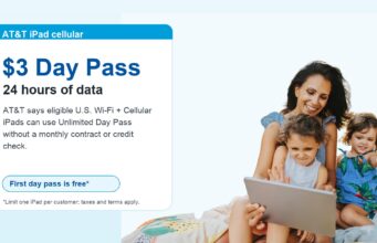 AT&T’s $3 iPad Day Pass Gives Cellular Data Without a Monthly Plan AT&T iPad Day Pass graphic showing a family using an iPad and a $3 24-hour data pass note