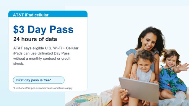 AT&T iPad Unlimited Day Pass AT&T iPad Day Pass graphic showing a family using an iPad and a $3 24-hour data pass note