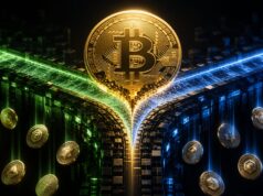 Bitcoin fork season illustrated by a bitcoin splitting into two blockchain paths with airdropped coins
