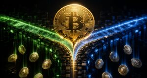 Bitcoin fork season illustrated by a bitcoin splitting into two blockchain paths with airdropped coins
