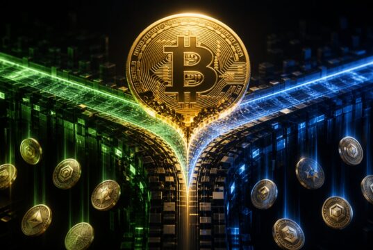 Bitcoin fork season illustrated by a bitcoin splitting into two blockchain paths with airdropped coins