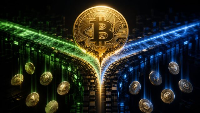 Bitcoin fork season illustrated by a bitcoin splitting into two blockchain paths with airdropped coins