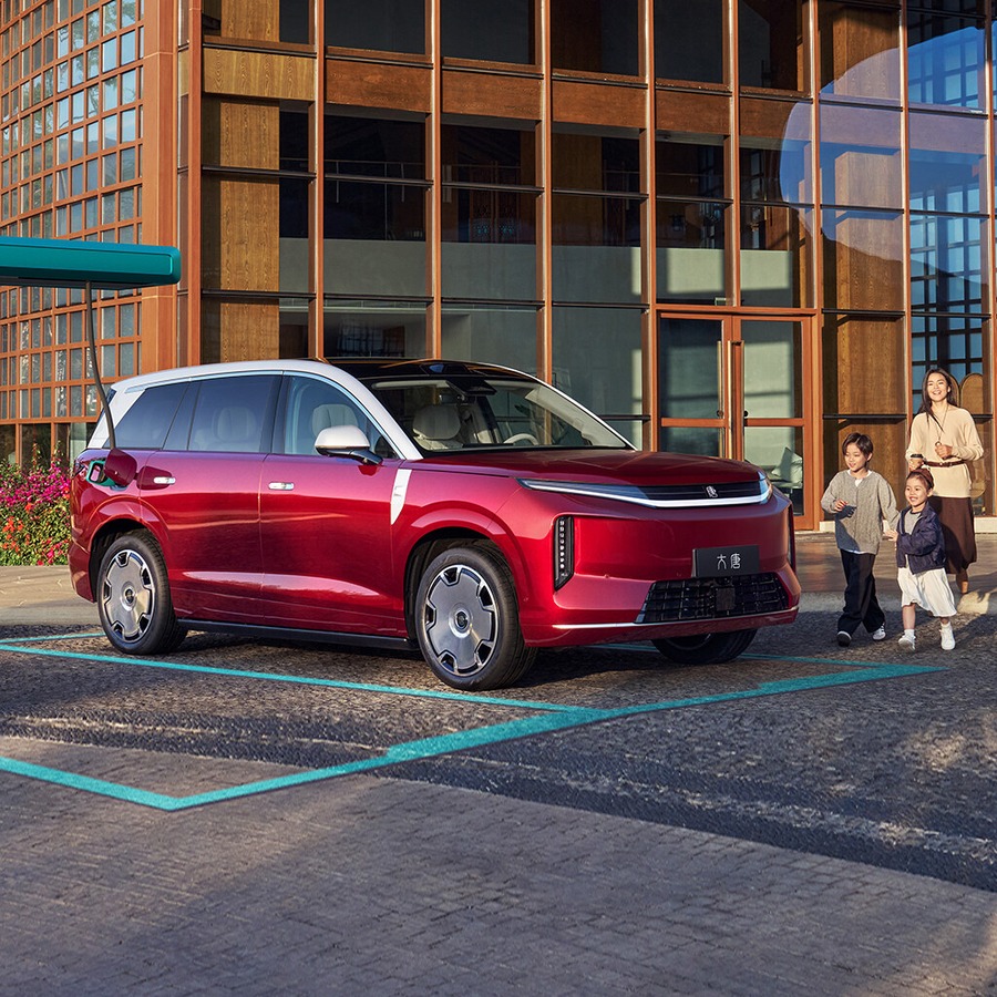 BYD Da Tang EV parked beside a charger in an official product image.
