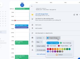 Google Calendar interface showing the custom color picker panel and event cards with diverse hues.