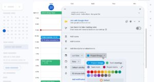 Google Calendar interface showing the custom color picker panel and event cards with diverse hues.