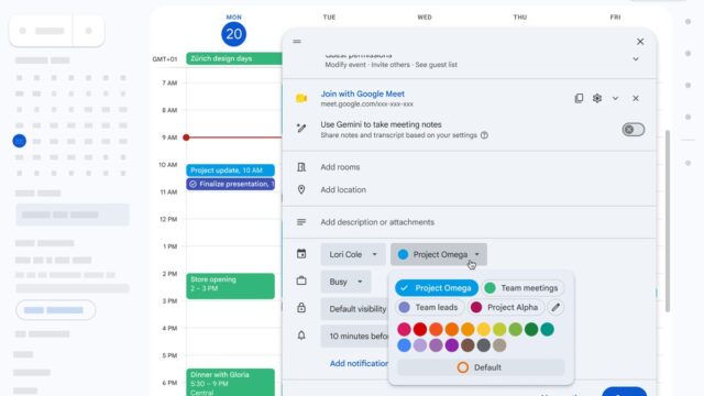calendar_colors_featured.jpg Google Calendar interface showing the custom color picker panel and event cards with diverse hues.