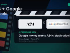 A24 and Google DeepMind logos on a film clapperboard graphic for an AI filmmaking research partnership