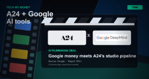 A24 and Google DeepMind logos on a film clapperboard graphic for an AI filmmaking research partnership