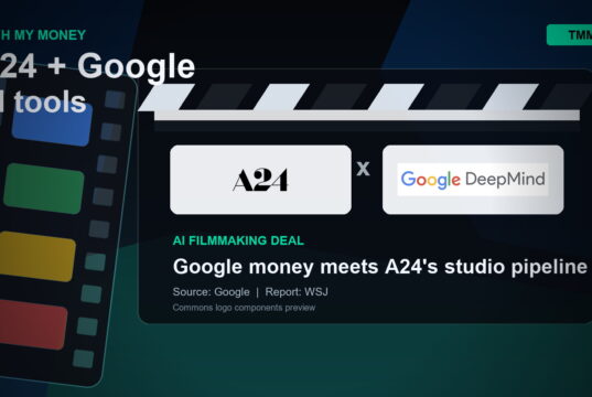 A24 and Google DeepMind logos on a film clapperboard graphic for an AI filmmaking research partnership