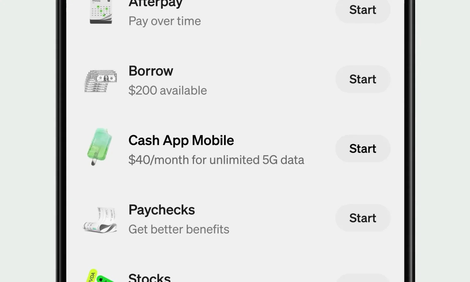 Cash App services list showing Cash App Mobile at $40 per month for unlimited 5G data