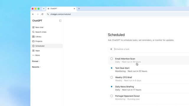 cg_f27.jpg The new ChatGPT Scheduled page showing a list of scheduled tasks with their cadence and next run time
