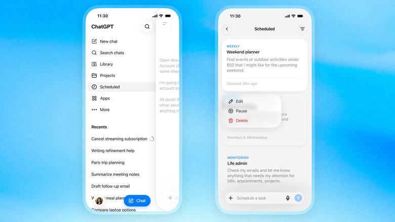 ChatGPT mobile app showing the Scheduled sidebar entry and a list of tasks with edit, pause and delete controls