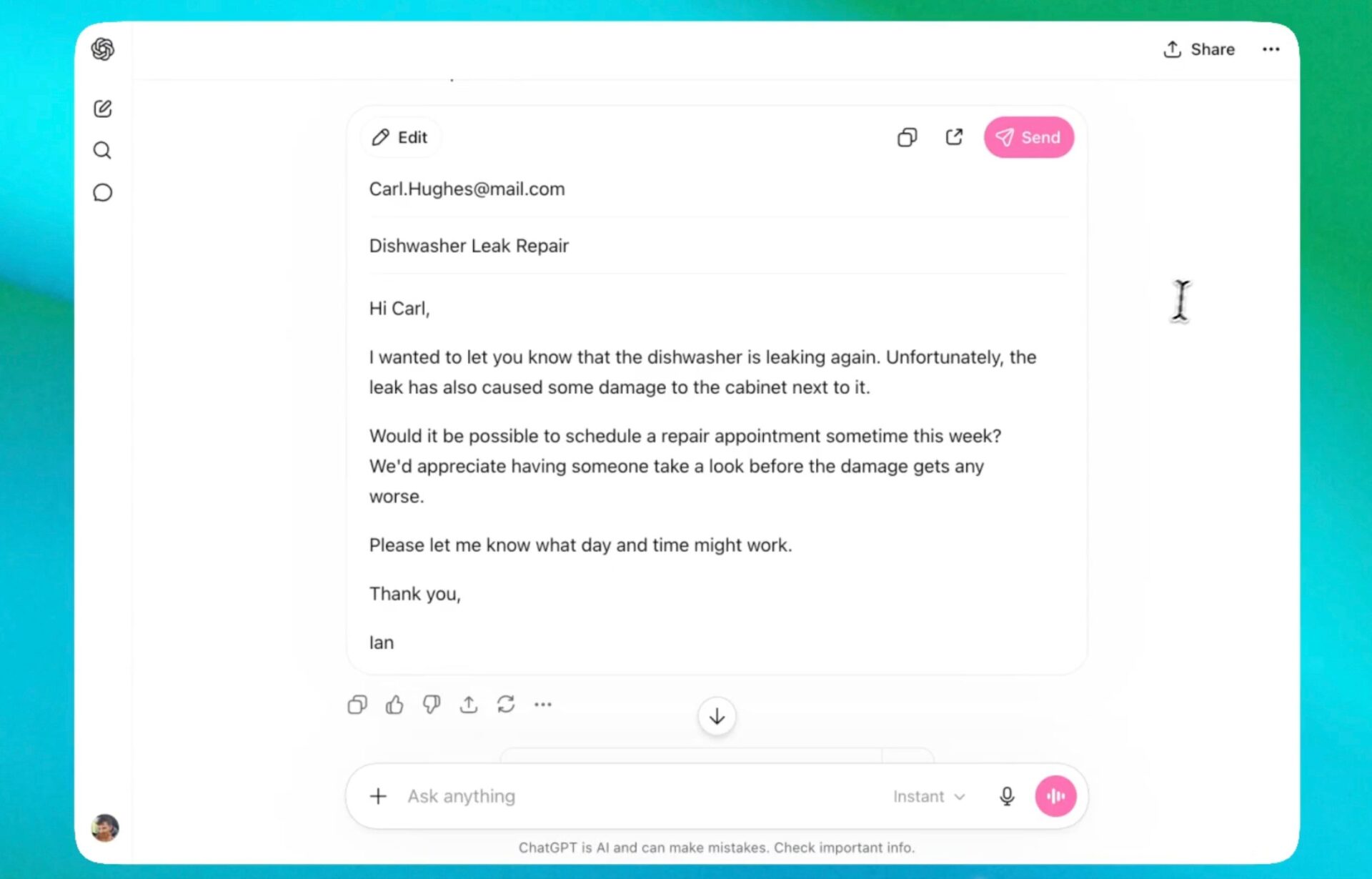 ChatGPT web interface displaying the email integration configuration and chat history