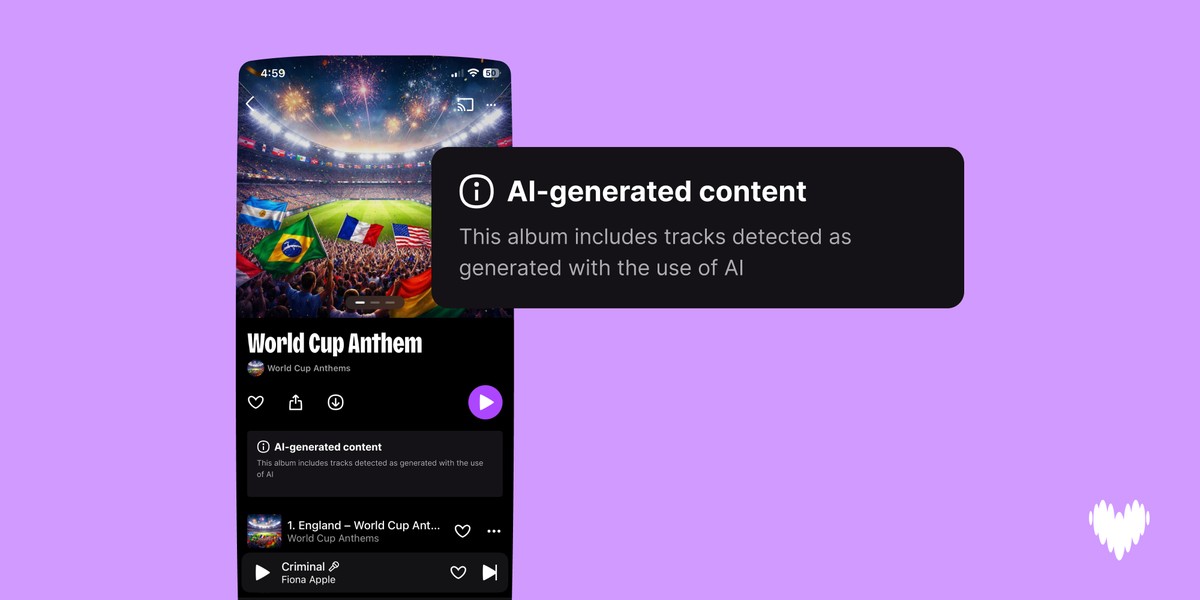 Deezer app screen showing the AI-generated content tag on an album of AI tracks