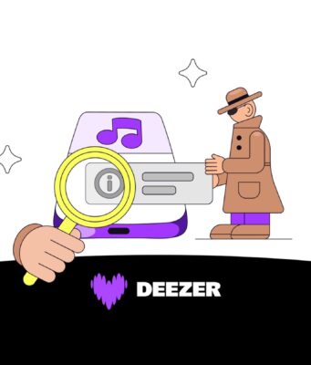 Deezer’s Free AI Music Detector Tells You How Much AI Is in Your Playlists Deezer AI Music Detector illustration showing a magnifying glass inspecting a music app