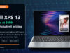 Dell XPS 13 availability hero showing the laptop, $699 starting price, and $599 student pricing