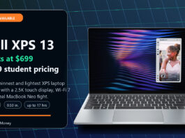 Dell XPS 13 availability hero showing the laptop, $699 starting price, and $599 student pricing