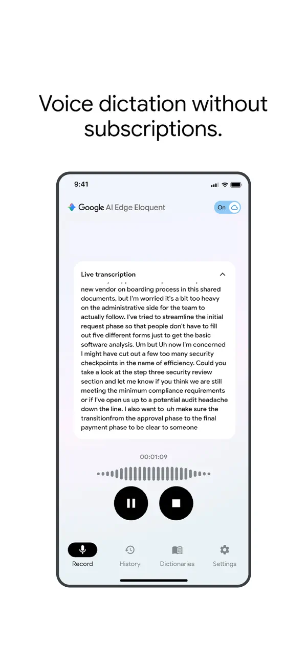 Google AI Edge Eloquent official App Store screenshot showing dictation output