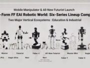 Faraday Future FF EAI Robot World six-series robot lineup including the Futurist humanoid, Navi robot dog and Faber industrial arms