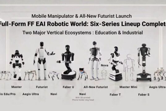 Faraday Future FF EAI Robot World six-series robot lineup including the Futurist humanoid, Navi robot dog and Faber industrial arms