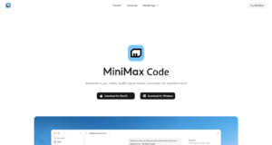 MiniMax Code download page showing Mac and Windows download buttons.