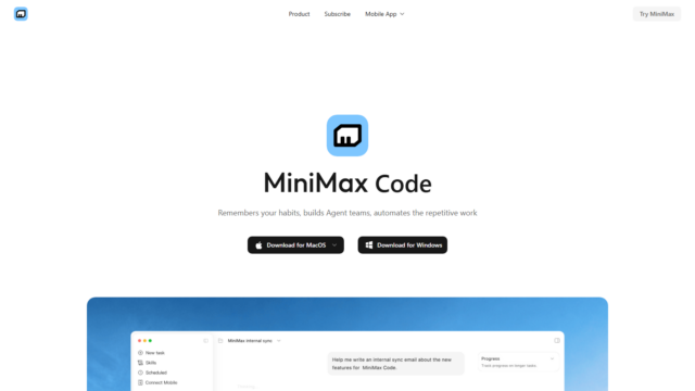 MiniMax Code download page MiniMax Code download page showing Mac and Windows download buttons.