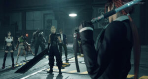 Official key art for Final Fantasy VII Revelation showing the main cast with the Highwind airship.